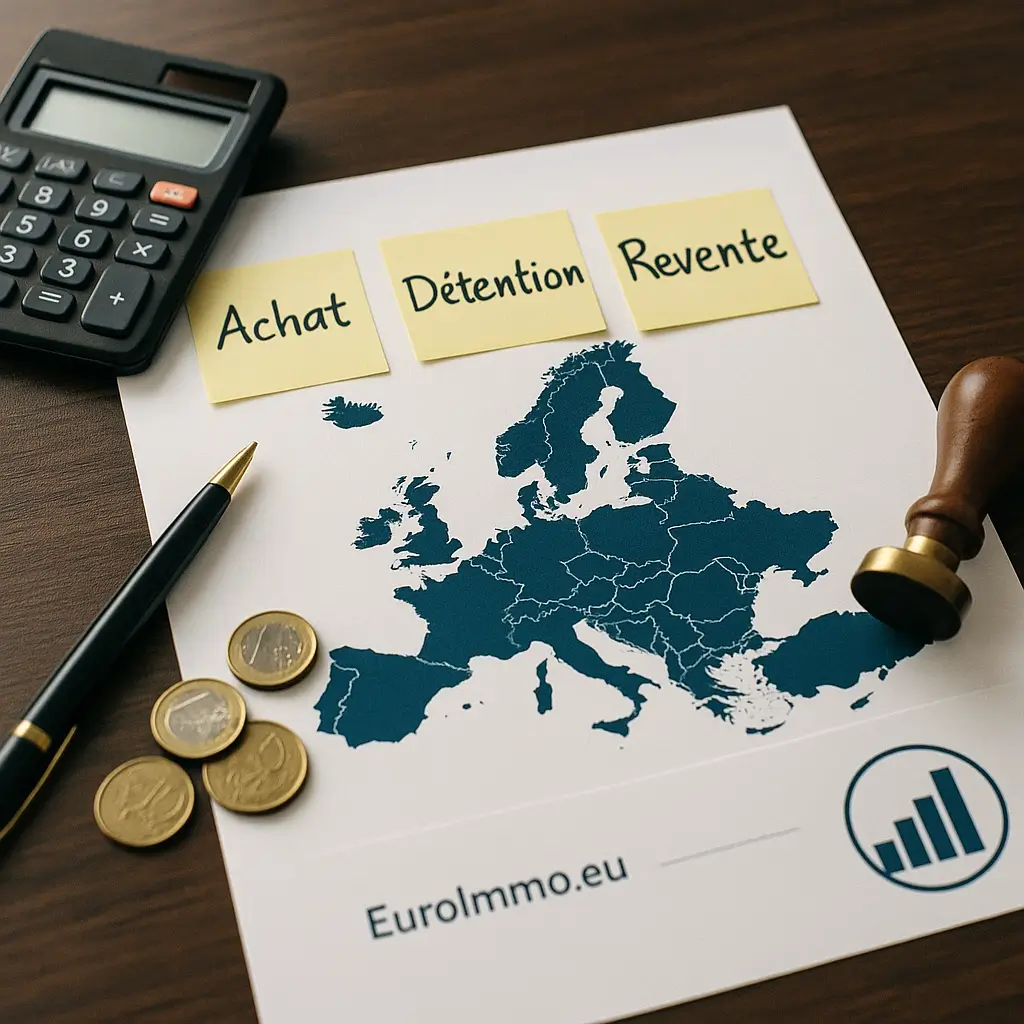 fiscalité immobilière Europe : photo éditoriale d’un bureau avec carte de l’Europe, calculatrice, tampon de notaire et repères Achat–Détention–Revente