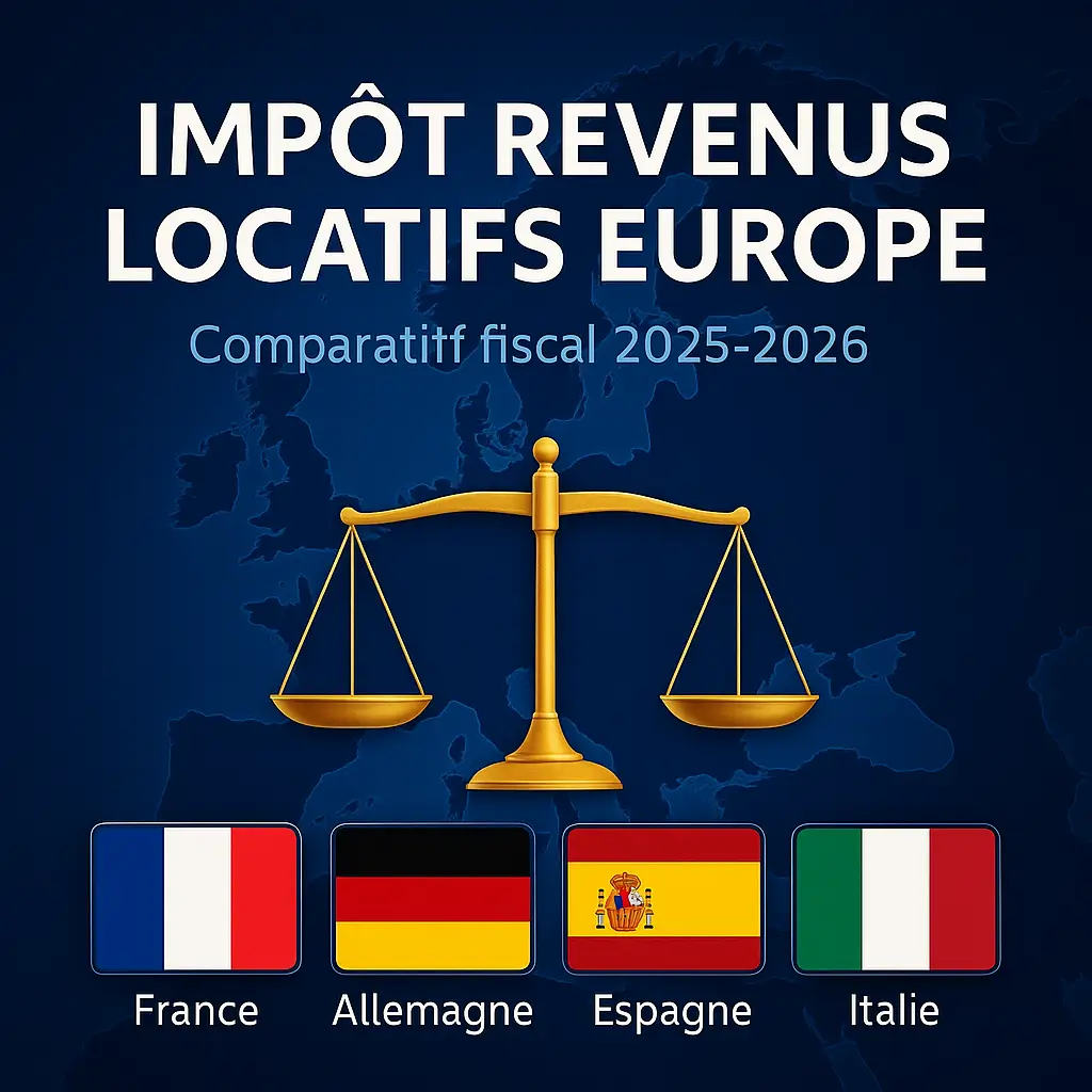 impôt revenus locatifs Europe comparatif fiscal 2025–2026 avec France, Allemagne, Espagne et Italie sur fond de carte européenne.