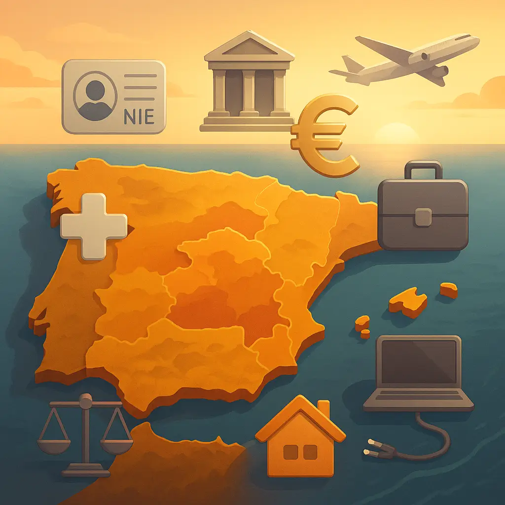 Installer en Espagne : carte réaliste avec icônes NIE, fiscalité, santé, logement, télétravail et justice