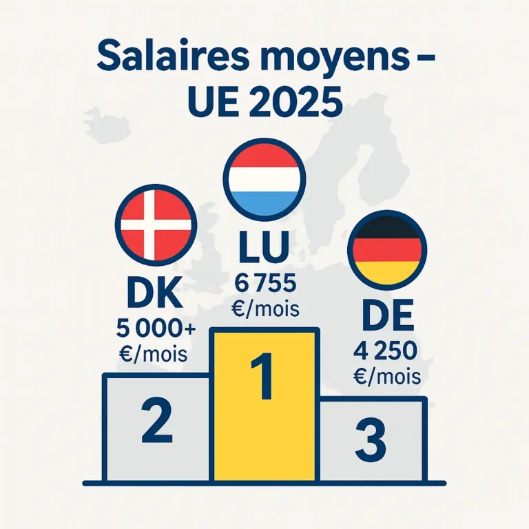 salaire moyen Europe : podium 2025 — Luxembourg 1er, Danemark 2e, Allemagne 3e, mini-carte d’Europe en arrière-plan