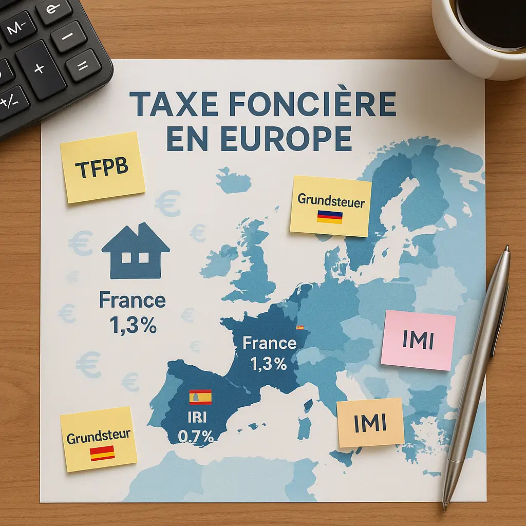 taxe foncière Europe : carte réaliste montrant France, Allemagne, Espagne et Portugal avec pictogrammes fiscaux, comparatif 2025–2026