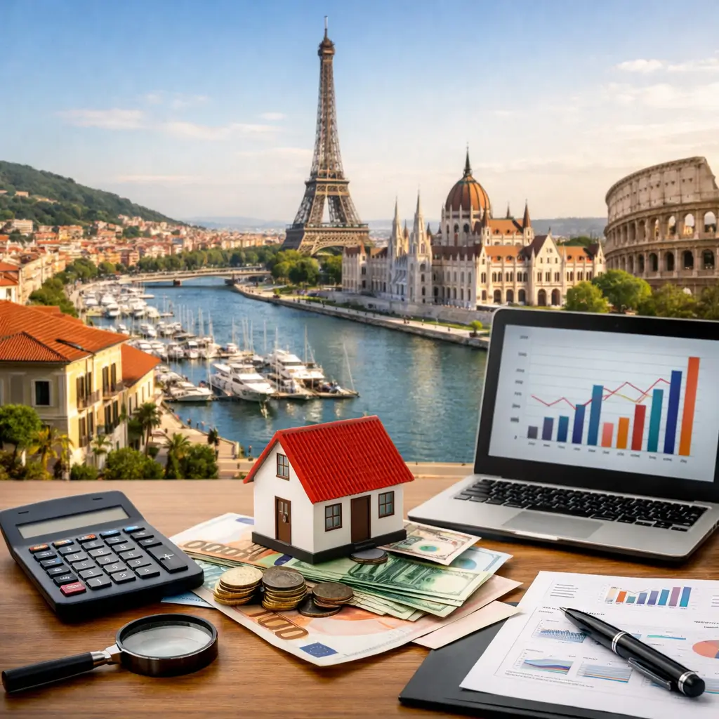 Pays rentables Europe illustrés par un investissement immobilier avec maison miniature, euros et graphiques financiers sur fond de villes européennes