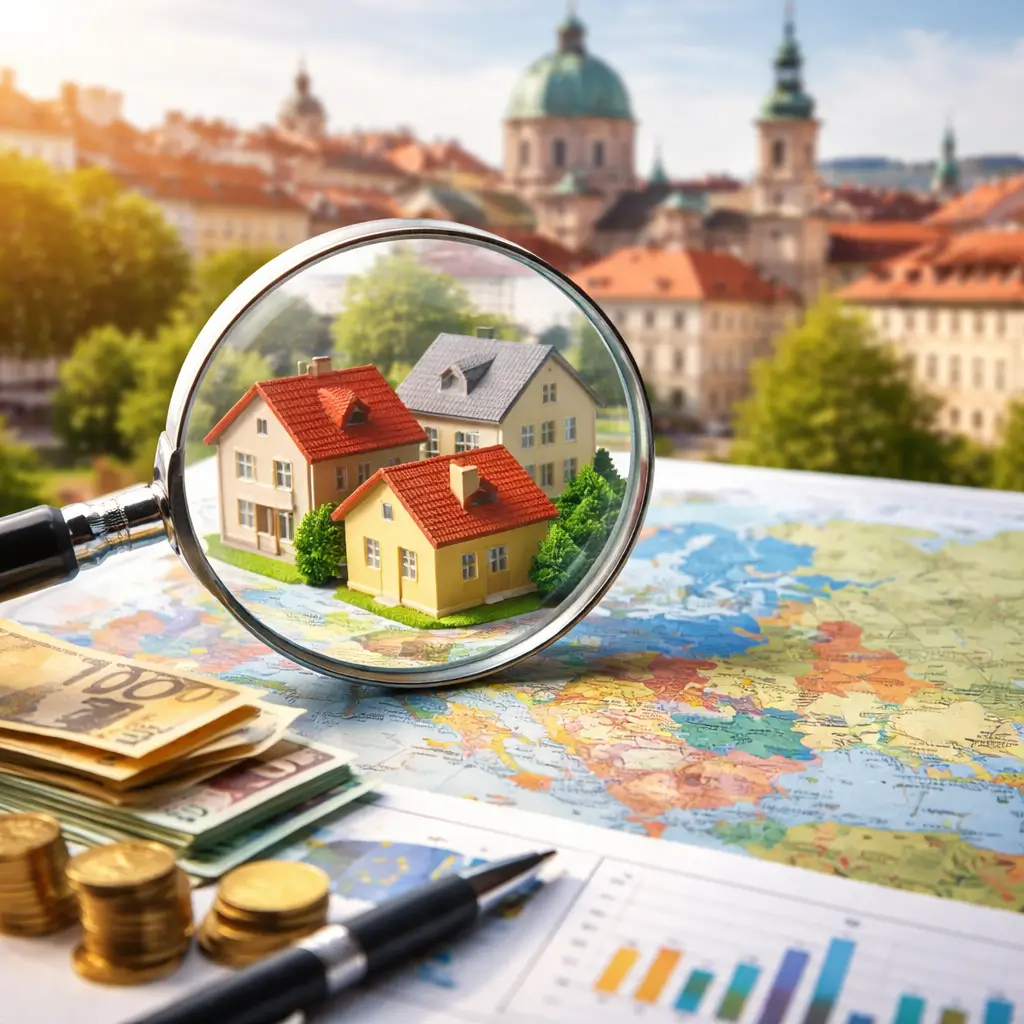 Rendement immobilier Europe analysé sur une carte avec maisons et données financières en arrière-plan