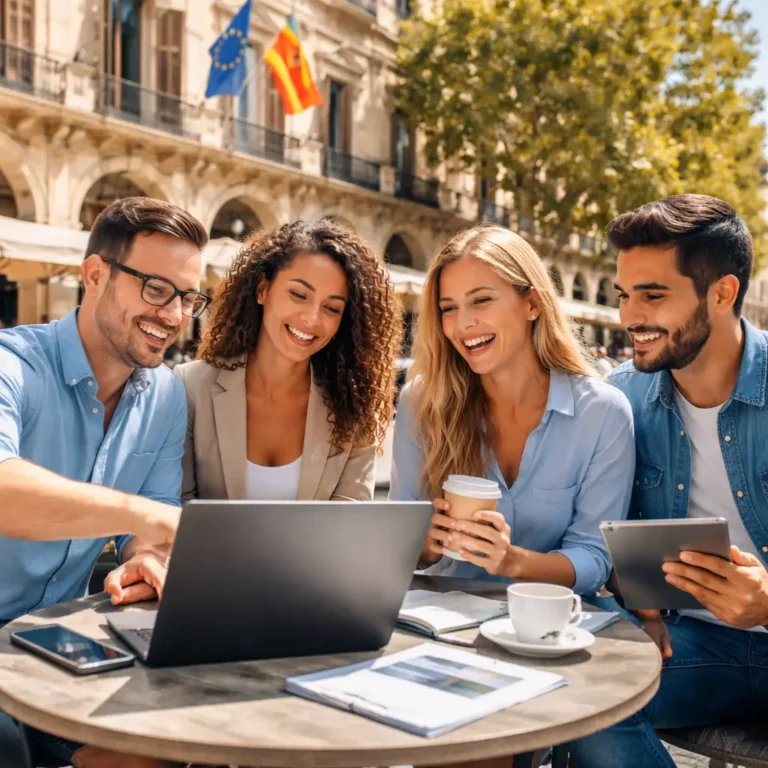 emploi en Europe : professionnels travaillant en équipe dans une ville européenne avec ordinateur et café