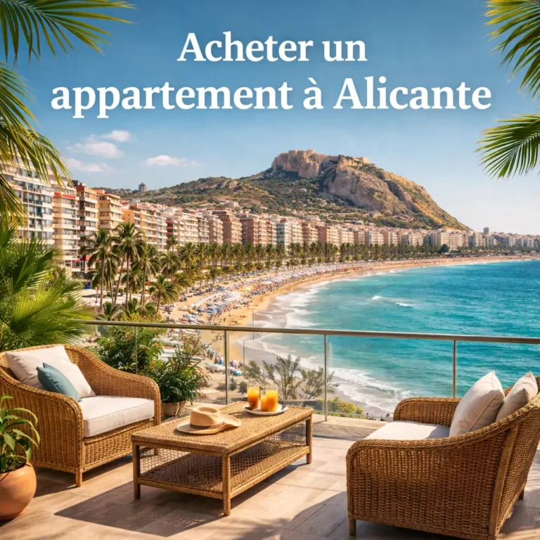 acheter appartement Alicante vue mer depuis une terrasse avec plage et immeubles en arrière-plan