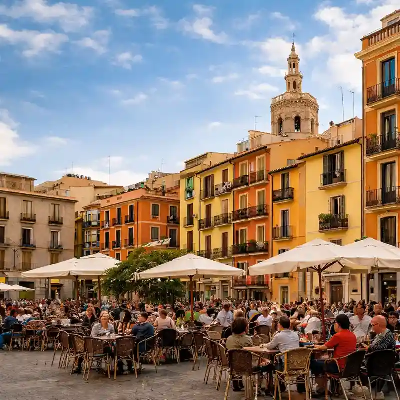 coût vie Espagne dans une ville typique avec place animée et immeubles colorés en 2026