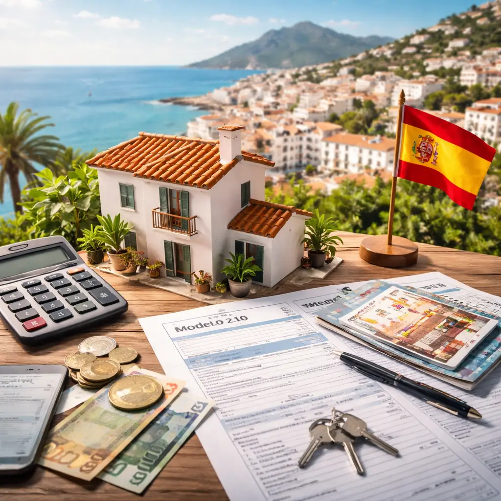 Impôts location Espagne : simulation fiscale immobilière avec maison, calcul IRNR et documents fiscaux en bord de mer espagnol
