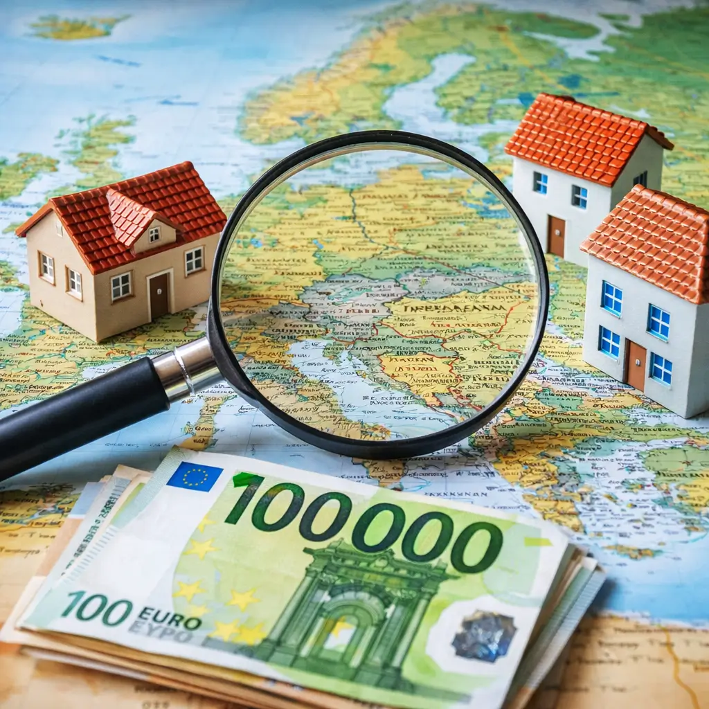 Investir en Europe 100000 € : analyse des opportunités immobilières avec carte européenne, maisons miniatures et billet de 100 euros