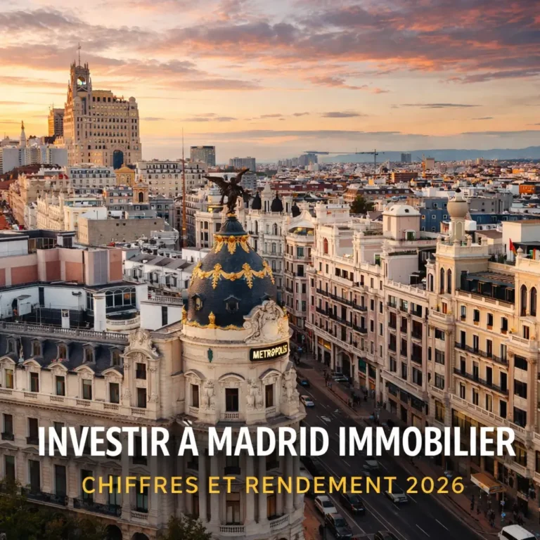 Investir Madrid immobilier : vue panoramique du centre de Madrid avec immeubles et architecture urbaine au coucher du soleil