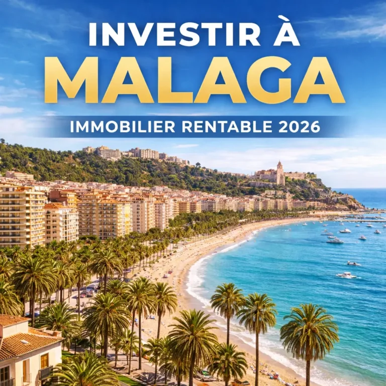 investir Malaga immobilier vue mer avec plage, immeubles et palmiers à Malaga en Espagne