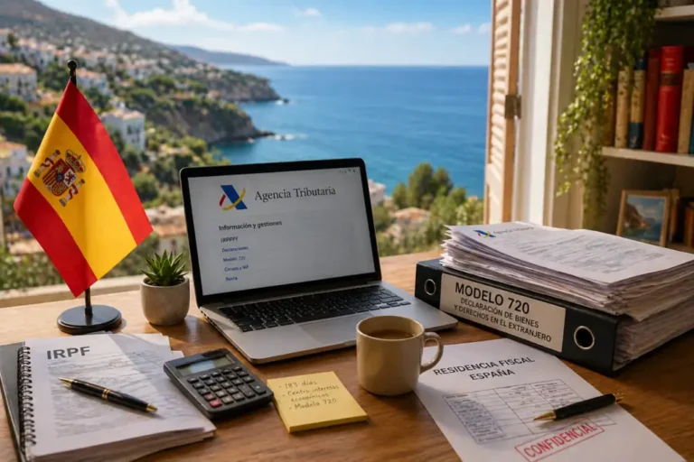 résidence fiscale Espagne bureau avec documents fiscaux, ordinateur et drapeau espagnol face à la mer
