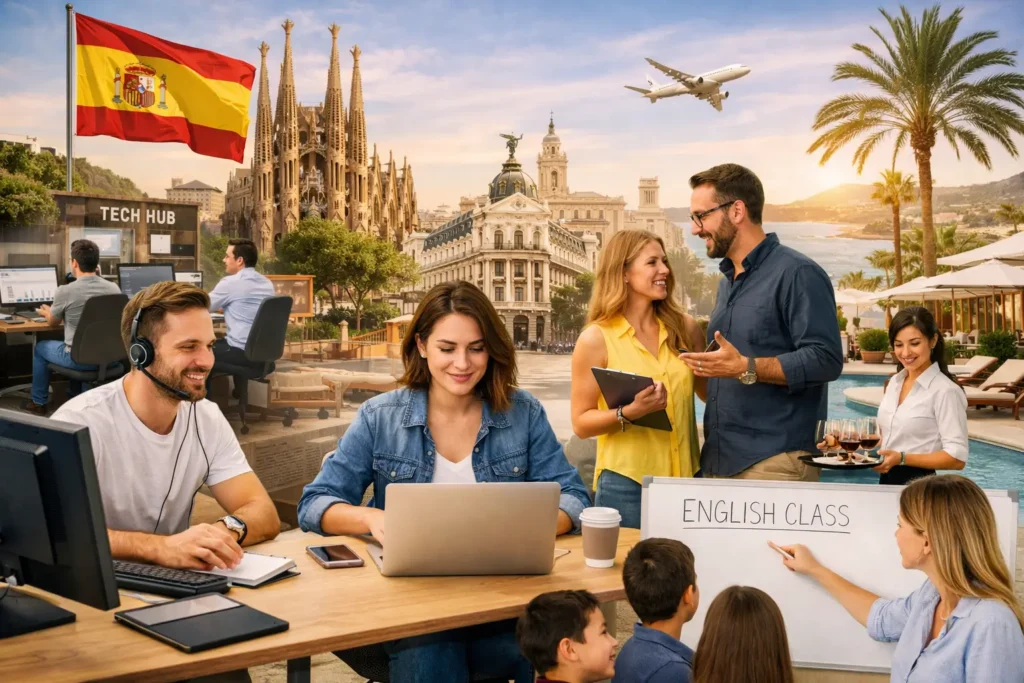 travailler Espagne sans espagnol dans différents secteurs comme la tech, le support client, le freelancing et le tourisme en Espagne