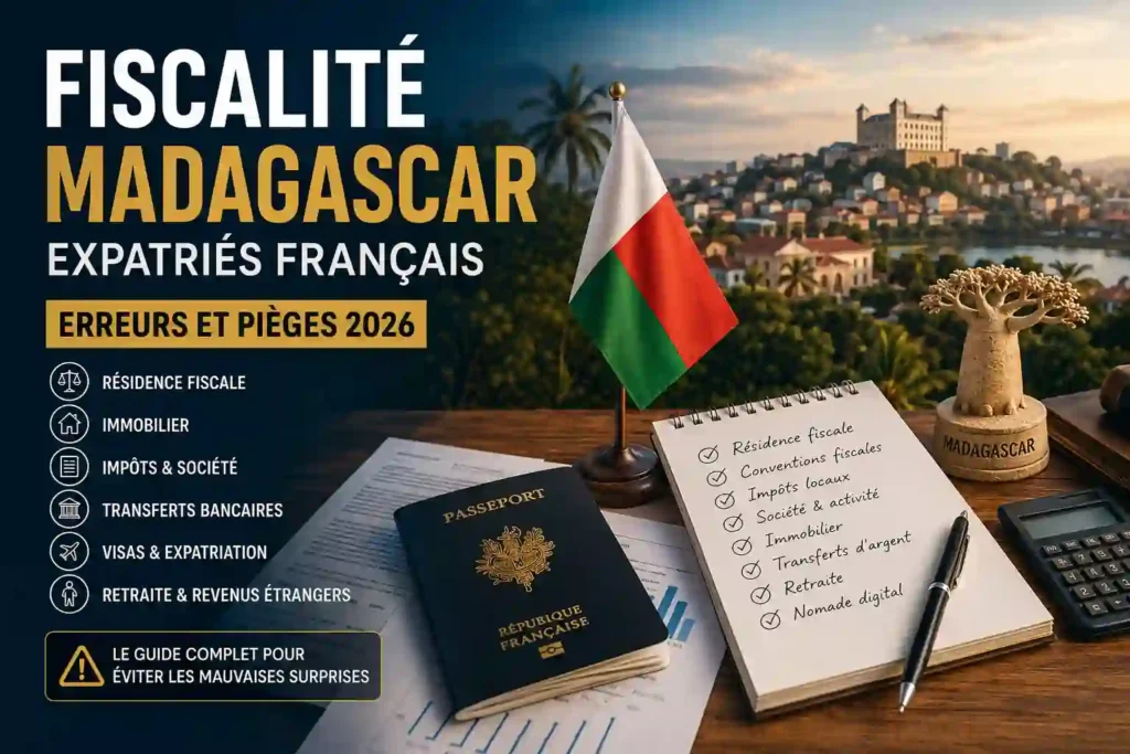 Fiscalité Madagascar expatriés français avec documents fiscaux, drapeau malgache et analyse patrimoniale en 2026