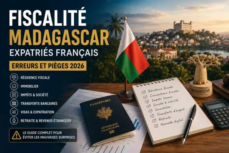 Fiscalité Madagascar expatriés français avec documents fiscaux, drapeau malgache et analyse patrimoniale en 2026
