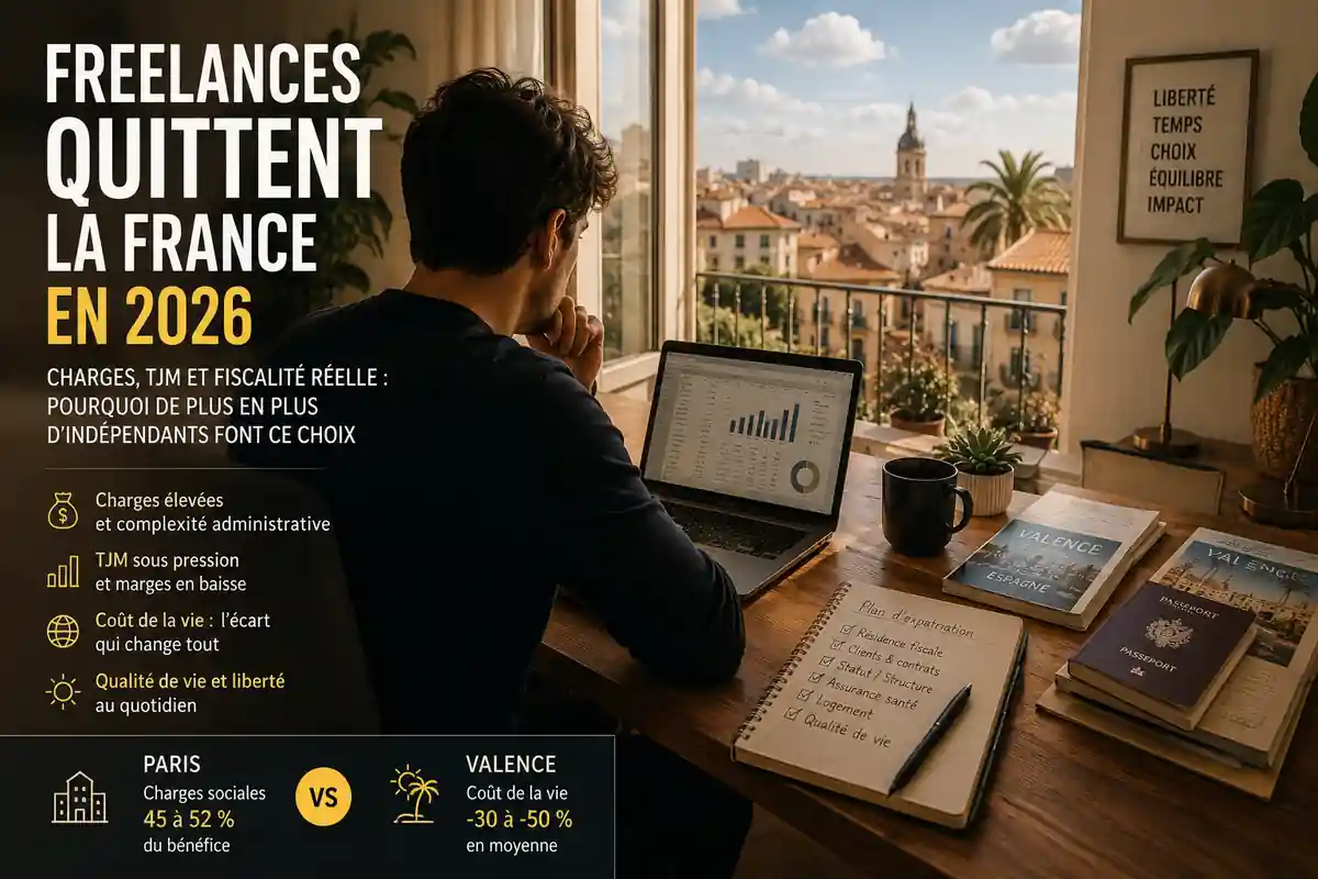 Freelances quittent la France en 2026 : freelance français analysant fiscalité, coût de la vie et expatriation depuis l’Europe du Sud