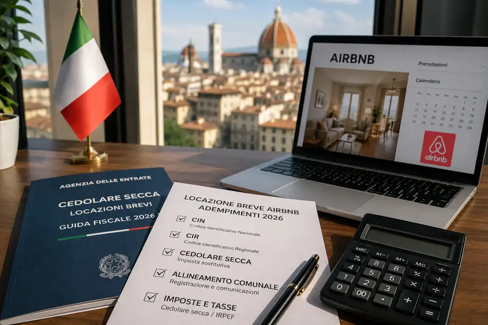 Louer Airbnb Italie fiscalité : bureau avec documents fiscaux et Airbnb à Florence