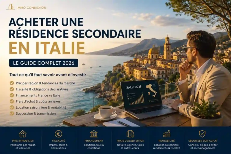 acheter une résidence secondaire en Italie : vue panoramique sur une ville côtière italienne avec investisseur analysant le marché immobilier en 2026