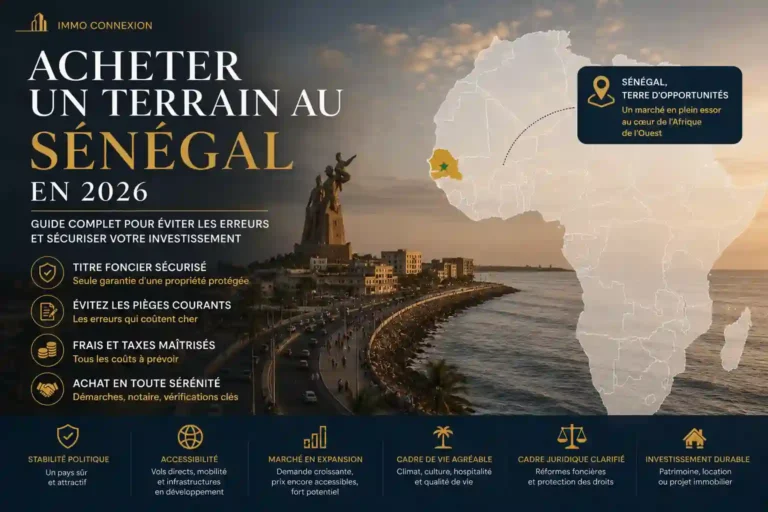 Acheter un terrain au Sénégal : panorama de Dakar avec carte de l'Afrique illustrant un guide sur les erreurs à éviter et les vérifications juridiques avant un achat immobilier en 2026.