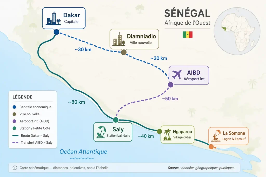 Dakar ou Saly : où investir ? Carte schématique du Sénégal montrant Dakar, Diamniadio, l'aéroport AIBD, Saly, Ngaparou et La Somone avec les principales distances entre les zones d'investissement immobilier.