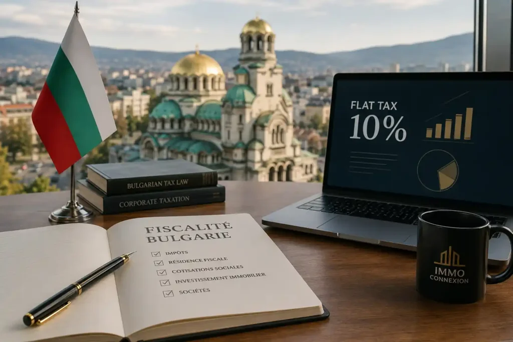 Fiscalité Bulgarie 2026 : bureau d'investisseur avec vue sur Sofia, fiscalité attractive, résidence fiscale et investissement en Bulgarie