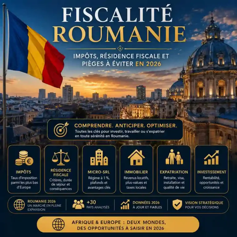 Fiscalité Roumanie 2026 : vue de Bucarest avec drapeau roumain illustrant les impôts, la résidence fiscale, le régime Micro-SRL et les opportunités d'investissement pour expatriés et investisseurs.