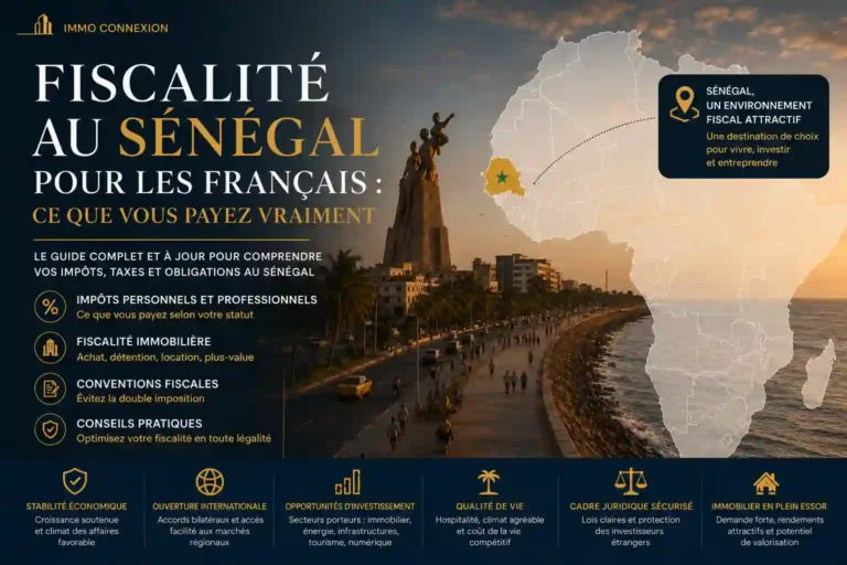 Fiscalité Sénégal Français : illustration de couverture présentant les principaux impôts, taxes, conventions fiscales et obligations des Français vivant ou investissant au Sénégal en 2026.