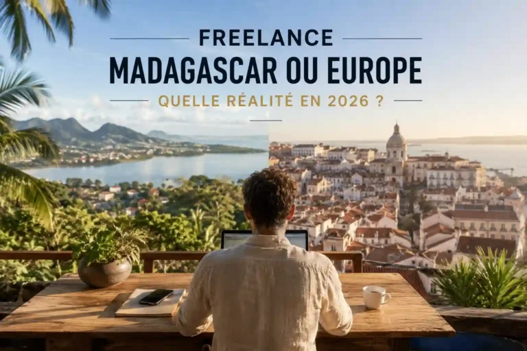 freelance Madagascar Europe comparant le télétravail entre Mahajanga à Madagascar et une ville européenne en 2026