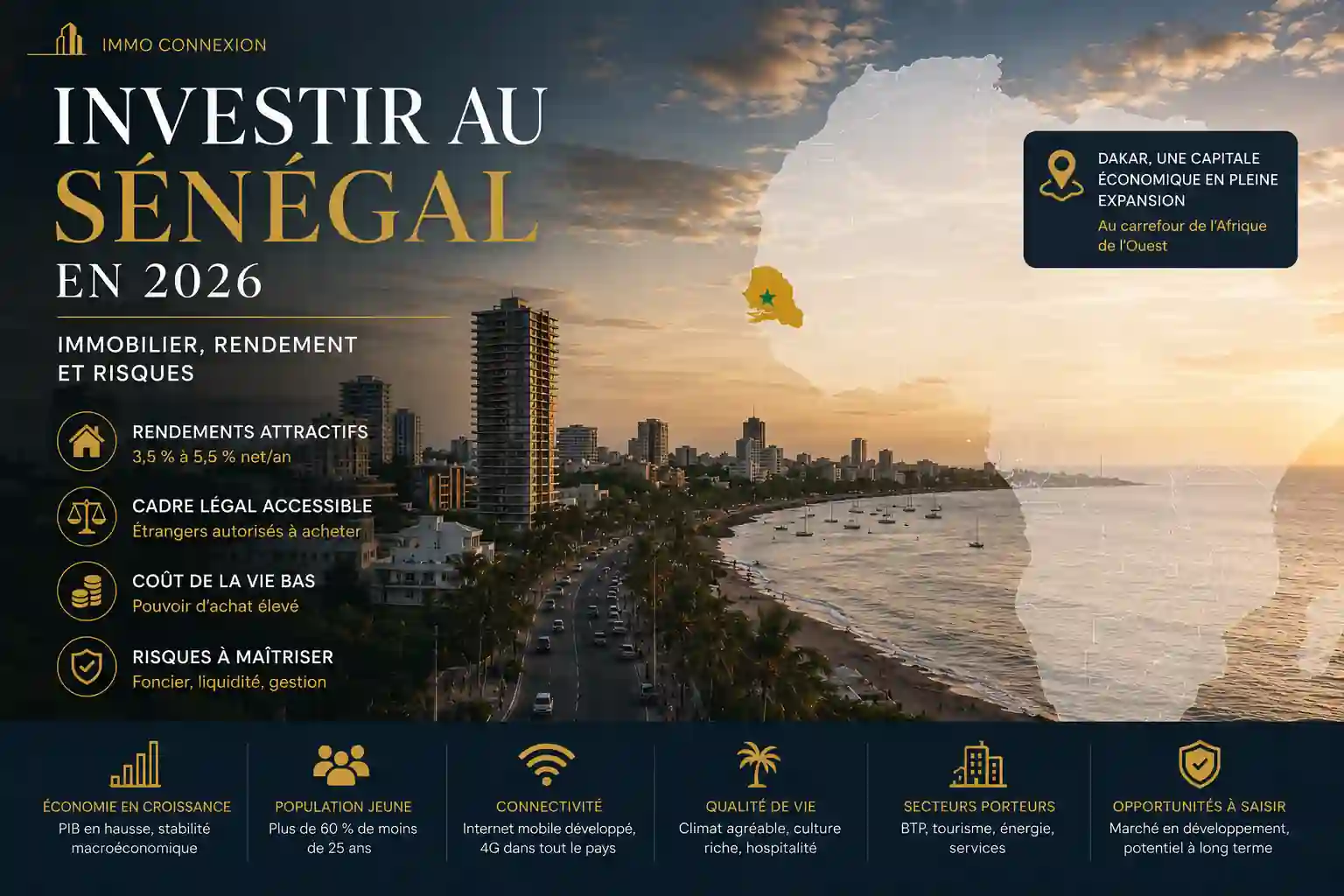 Investir au Sénégal : panorama de Dakar illustrant le marché immobilier, les opportunités d'investissement, les rendements locatifs et les risques en 2026.
