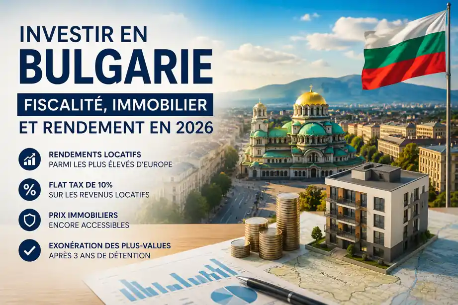 Investir en Bulgarie : fiscalité, immobilier et rendement en 2026 avec Sofia, immeuble résidentiel et indicateurs de rentabilité immobilière