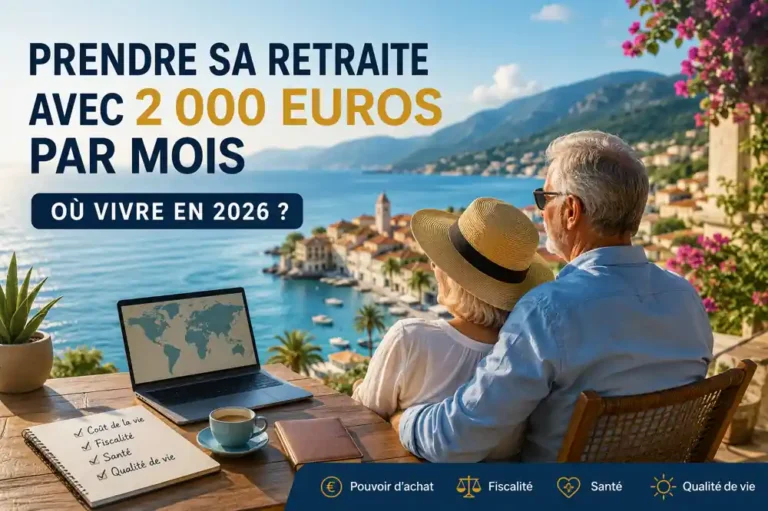 prendre sa retraite avec 2 000 euros par mois : couple de retraités comparant plusieurs destinations pour vivre en 2026 selon le coût de la vie, la fiscalité et la qualité de vie
