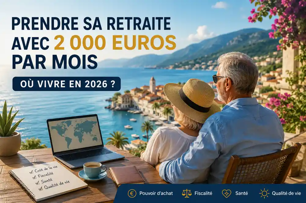 prendre sa retraite avec 2 000 euros par mois : couple de retraités comparant plusieurs destinations pour vivre en 2026 selon le coût de la vie, la fiscalité et la qualité de vie