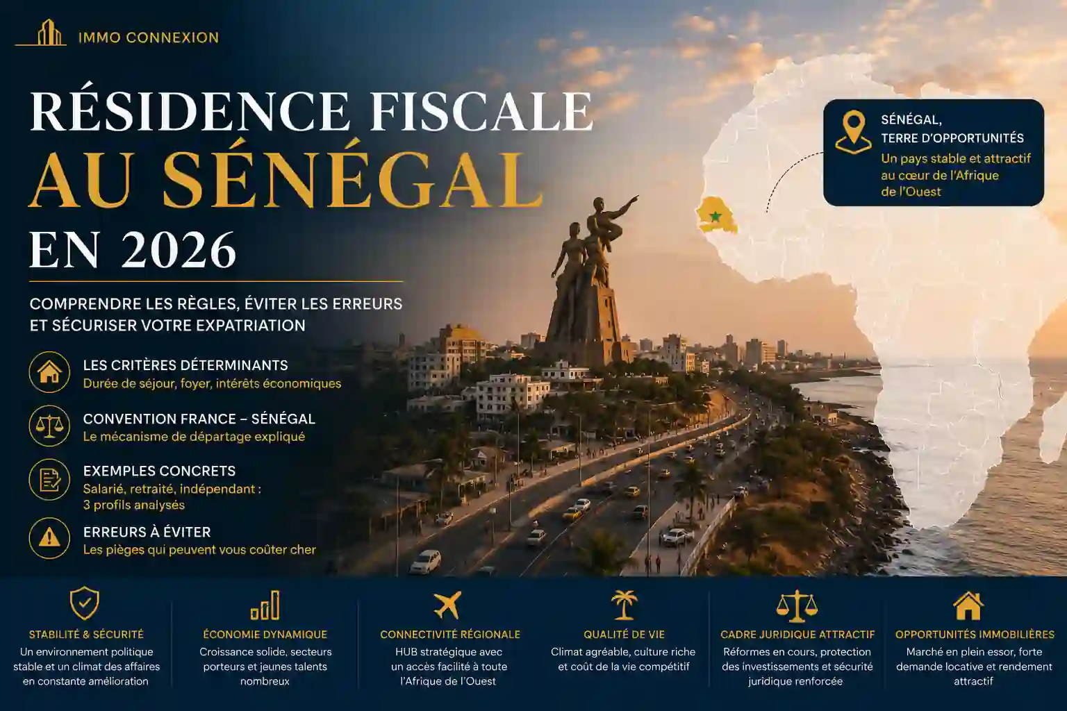 Résidence fiscale au Sénégal : illustration des critères permettant de déterminer la résidence fiscale d'un Français en 2026 entre la France et le Sénégal.