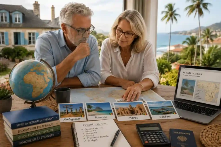 Retraite en Afrique 2026 couple de retraités comparant Madagascar Maurice Maroc et Sénégal avant une expatriation