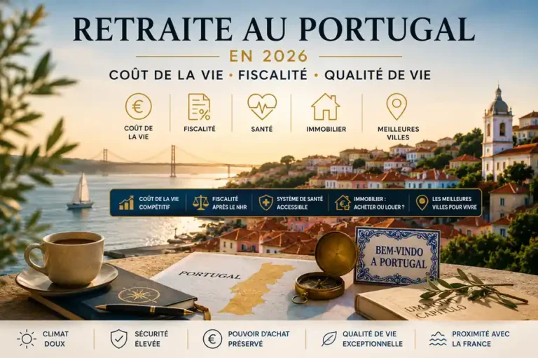 Retraite au Portugal : coût de la vie, fiscalité et qualité de vie en 2026 illustrés par un paysage côtier portugais et des symboles liés à l'expatriation