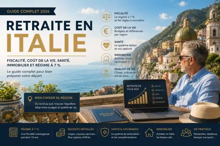 Retraite en Italie en 2026 : retraité français face à la côte amalfitaine avec aperçu de la fiscalité, du coût de la vie, de la santé et de l'immobilier