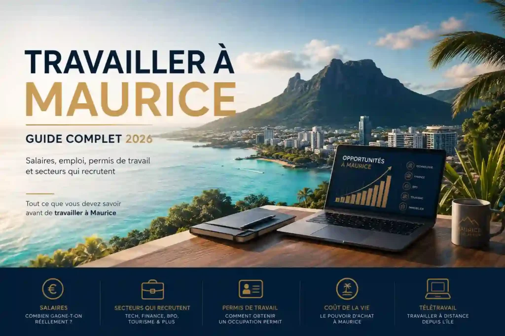 travailler à Maurice en 2026 : vue panoramique sur l'île avec espace de travail, secteur numérique et opportunités professionnelles