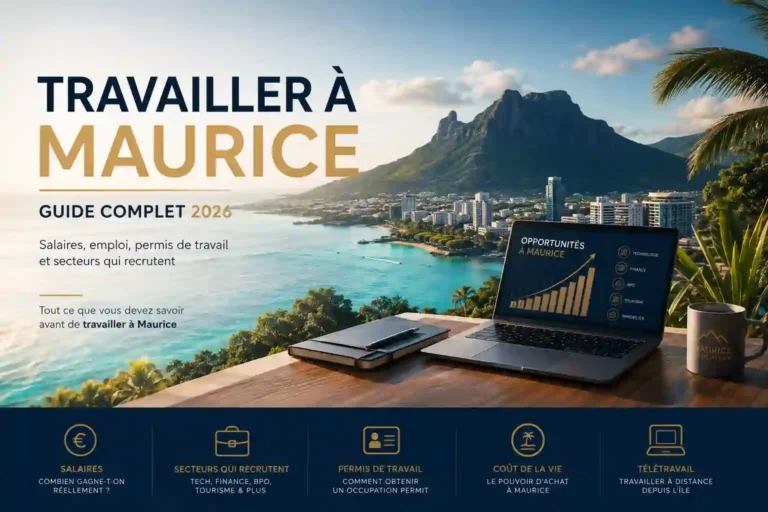 travailler à Maurice en 2026 : vue panoramique sur l'île avec espace de travail, secteur numérique et opportunités professionnelles
