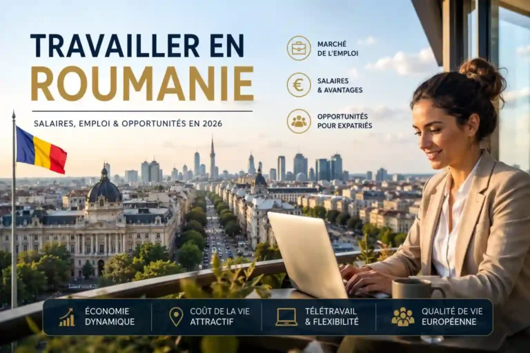 travailler en Roumanie : professionnelle en télétravail devant le panorama de Bucarest illustrant les salaires, l'emploi et les opportunités professionnelles en 2026