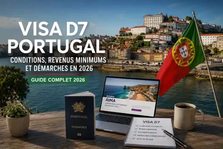 Visa D7 Portugal : préparation d’un dossier d’expatriation avec passeport, ordinateur portable et vue sur Porto en 2026