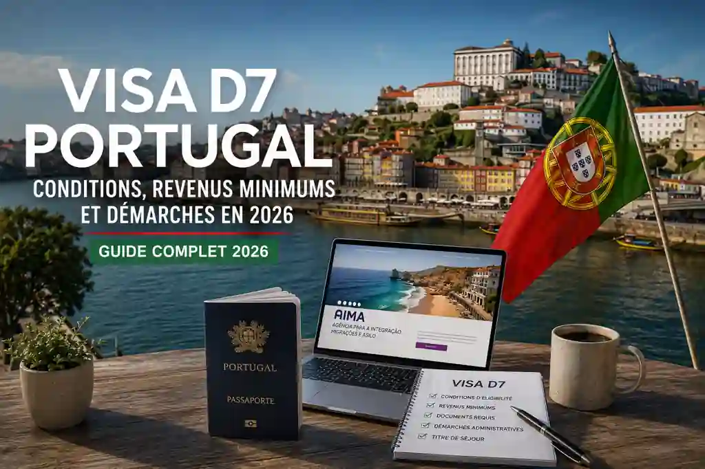 Visa D7 Portugal : préparation d’un dossier d’expatriation avec passeport, ordinateur portable et vue sur Porto en 2026