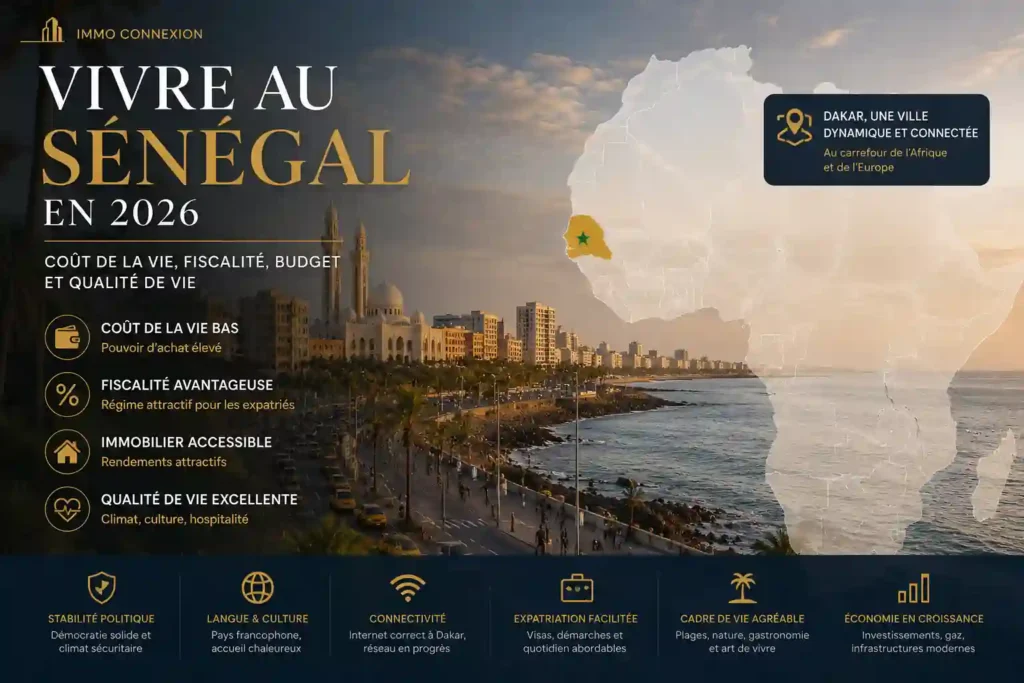 Vivre au Sénégal en 2026 : vue de Dakar avec carte de l'Afrique mettant en évidence le Sénégal, illustration du coût de la vie, de la fiscalité et de la qualité de vie.