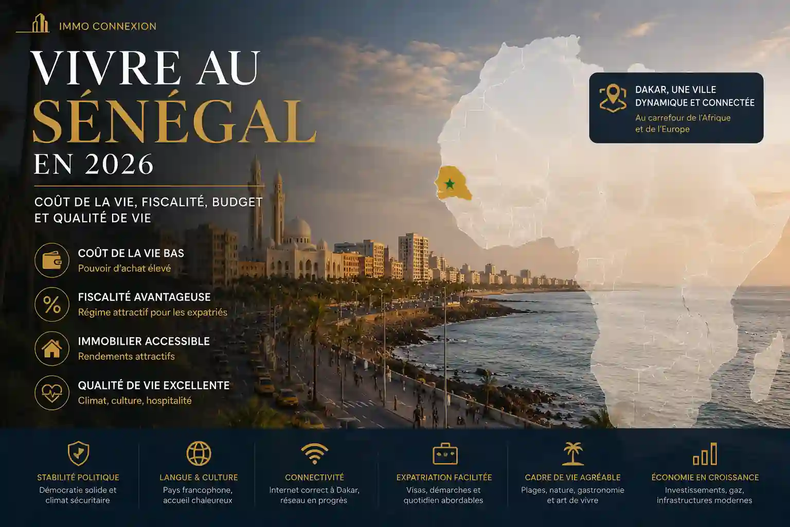Vivre au Sénégal en 2026 : vue de Dakar avec carte de l'Afrique mettant en évidence le Sénégal, illustration du coût de la vie, de la fiscalité et de la qualité de vie.