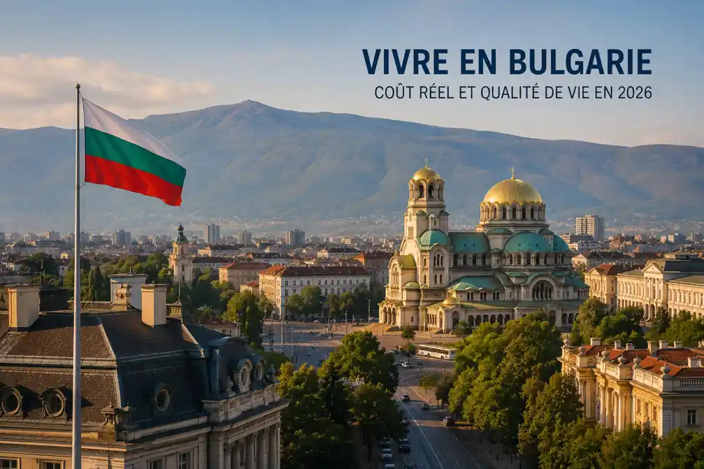 vivre en Bulgarie avec vue panoramique sur Sofia, la cathédrale Alexandre-Nevski et les montagnes en arrière-plan en 2026