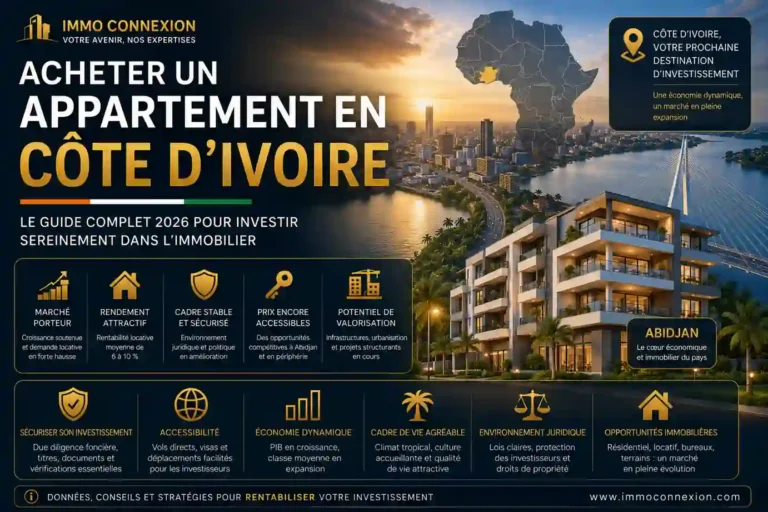 Acheter un appartement en Côte d'Ivoire : vue d'Abidjan illustrant le guide complet 2026 pour investir dans l'immobilier ivoirien