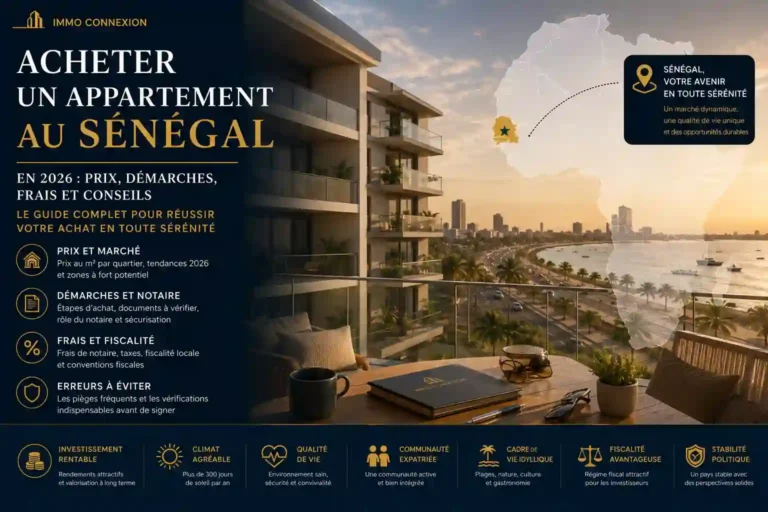 Acheter un appartement au Sénégal en 2026 : guide complet sur les prix, les démarches, les frais, la fiscalité et les conseils pour réussir son achat immobilier.