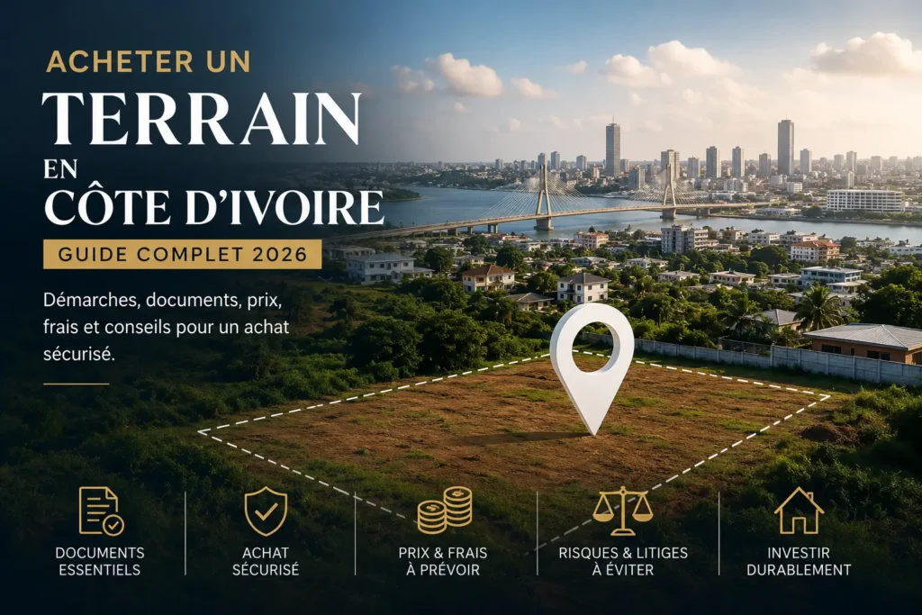 Acheter un terrain en Côte d'Ivoire : illustration d'un terrain constructible avec Abidjan en arrière-plan, représentant les démarches, le titre foncier et l'investissement immobilier en 2026.