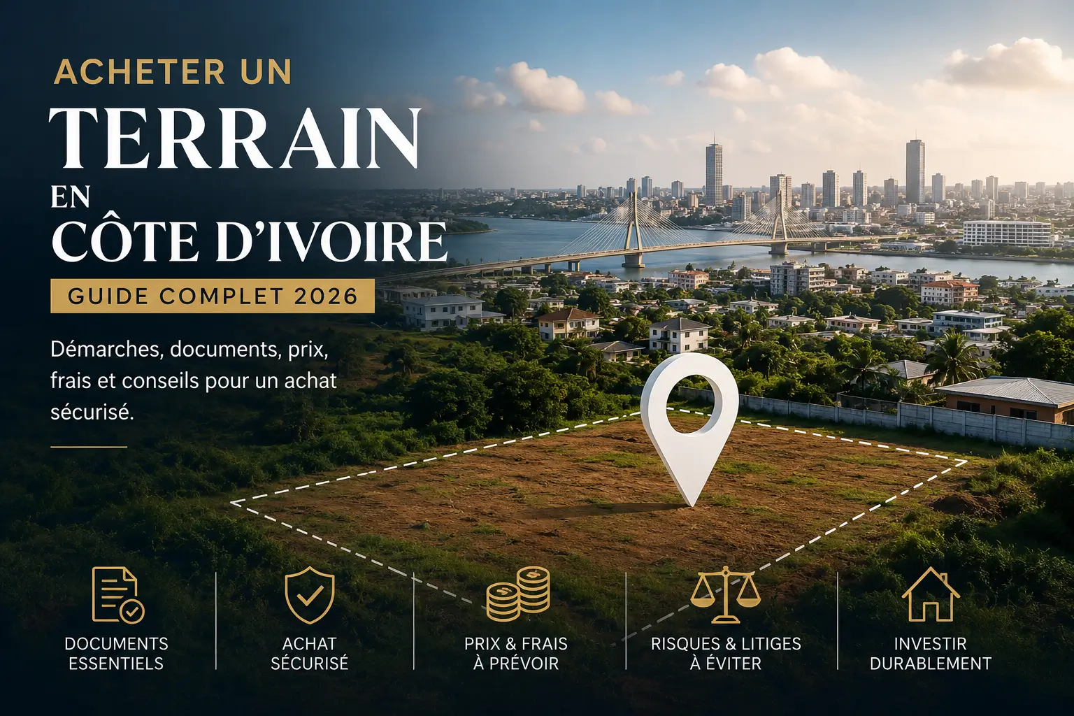 Acheter un terrain en Côte d'Ivoire : illustration d'un terrain constructible avec Abidjan en arrière-plan, représentant les démarches, le titre foncier et l'investissement immobilier en 2026.