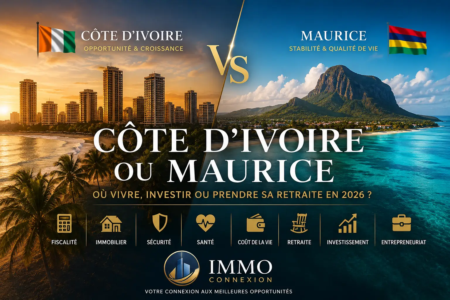 Côte d'Ivoire ou Maurice : Infographie comparative Côte d'Ivoire vs Île Maurice pour l'investissement immobilier, la fiscalité et la retraite en 2026 par Immo Connexion.