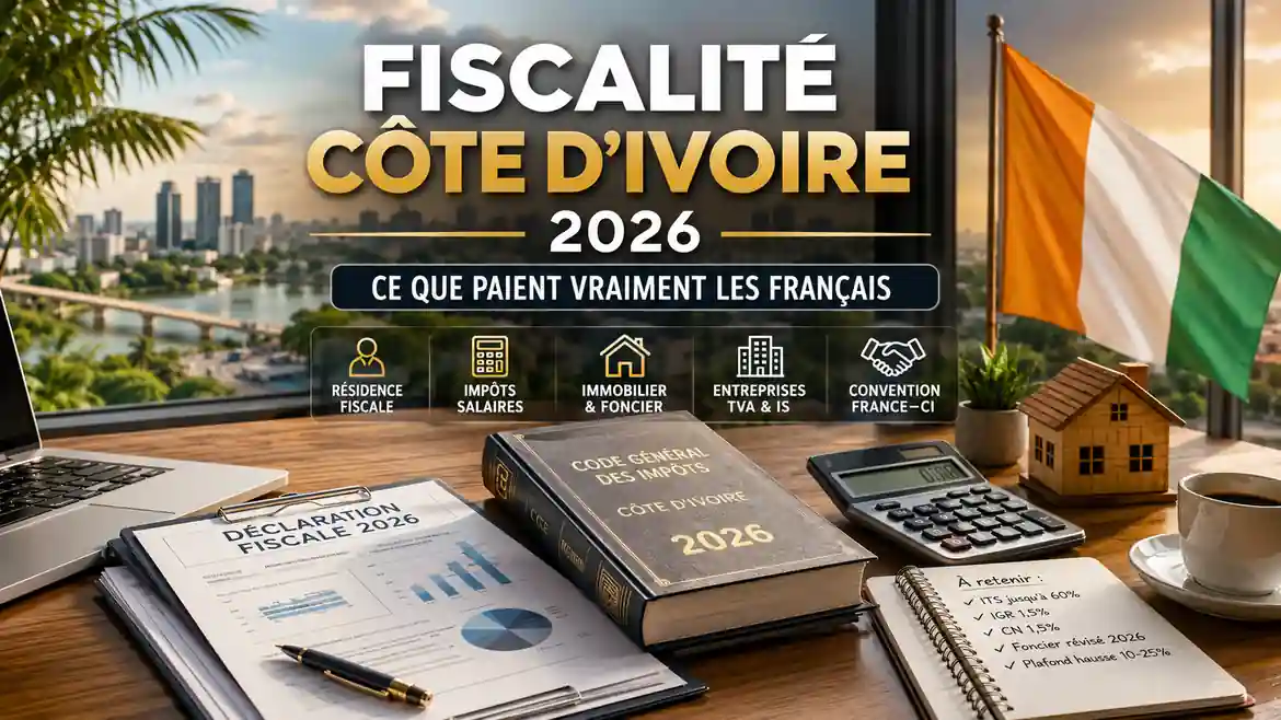 Fiscalité Côte d'Ivoire en 2026 avec documents fiscaux, calculatrice, drapeau ivoirien et vue d'Abidjan illustrant les impôts, la résidence fiscale et l'investissement immobilier.