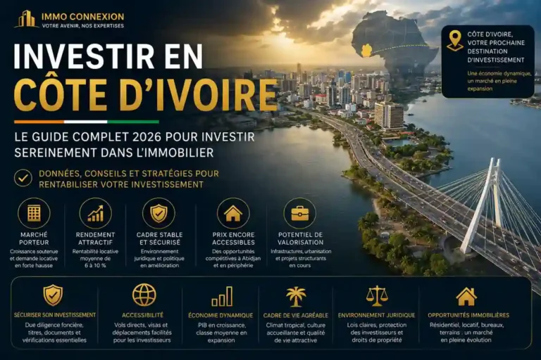 Investir en Côte d'Ivoire : vue aérienne d'Abidjan illustrant le guide immobilier 2026 d'ImmoConnexion pour les investisseurs étrangers.